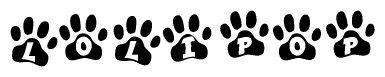 The image shows a row of animal paw prints, each containing a letter. The letters spell out the word Lolipop within the paw prints.