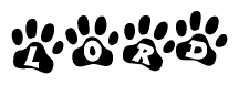 The image shows a series of animal paw prints arranged in a horizontal line. Each paw print contains a letter, and together they spell out the word Lord.