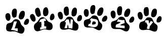 The image shows a row of animal paw prints, each containing a letter. The letters spell out the word Lindzy within the paw prints.