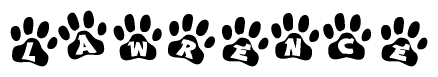 The image shows a series of animal paw prints arranged in a horizontal line. Each paw print contains a letter, and together they spell out the word Lawrence.