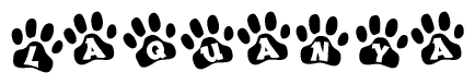 The image shows a row of animal paw prints, each containing a letter. The letters spell out the word Laquanya within the paw prints.