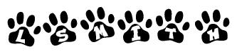 The image shows a series of animal paw prints arranged horizontally. Within each paw print, there's a letter; together they spell Lsmith
