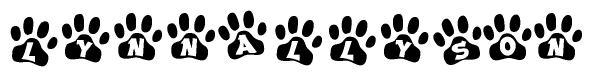 The image shows a series of animal paw prints arranged in a horizontal line. Each paw print contains a letter, and together they spell out the word Lynnallyson.