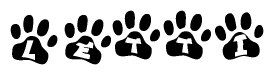 The image shows a series of animal paw prints arranged in a horizontal line. Each paw print contains a letter, and together they spell out the word Letti.