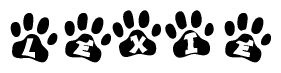 The image shows a series of animal paw prints arranged horizontally. Within each paw print, there's a letter; together they spell Lexie