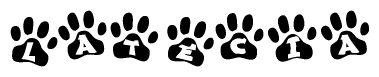 The image shows a row of animal paw prints, each containing a letter. The letters spell out the word Latecia within the paw prints.