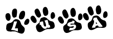 The image shows a series of animal paw prints arranged horizontally. Within each paw print, there's a letter; together they spell Lusa