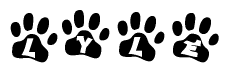 The image shows a series of animal paw prints arranged in a horizontal line. Each paw print contains a letter, and together they spell out the word Lyle.