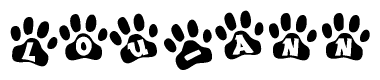 The image shows a series of animal paw prints arranged in a horizontal line. Each paw print contains a letter, and together they spell out the word Lou-ann.