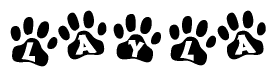 The image shows a series of animal paw prints arranged horizontally. Within each paw print, there's a letter; together they spell Layla