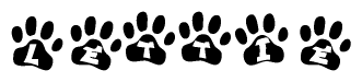 The image shows a series of animal paw prints arranged horizontally. Within each paw print, there's a letter; together they spell Lettie
