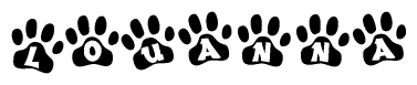 The image shows a series of animal paw prints arranged in a horizontal line. Each paw print contains a letter, and together they spell out the word Louanna.