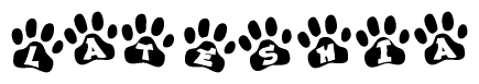 The image shows a series of animal paw prints arranged in a horizontal line. Each paw print contains a letter, and together they spell out the word Lateshia.