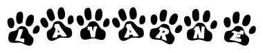 The image shows a row of animal paw prints, each containing a letter. The letters spell out the word Lavarne within the paw prints.
