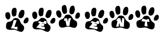 The image shows a series of animal paw prints arranged in a horizontal line. Each paw print contains a letter, and together they spell out the word Levent.