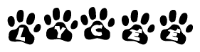 The image shows a row of animal paw prints, each containing a letter. The letters spell out the word Lycee within the paw prints.