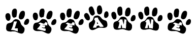 The image shows a series of animal paw prints arranged horizontally. Within each paw print, there's a letter; together they spell Leeanne