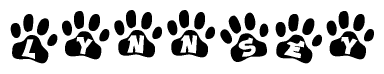 The image shows a series of animal paw prints arranged horizontally. Within each paw print, there's a letter; together they spell Lynnsey