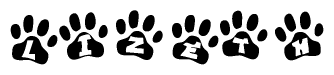 The image shows a series of animal paw prints arranged horizontally. Within each paw print, there's a letter; together they spell Lizeth