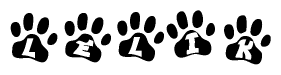 The image shows a series of animal paw prints arranged in a horizontal line. Each paw print contains a letter, and together they spell out the word Lelik.