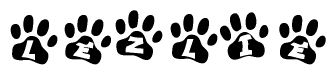 The image shows a series of animal paw prints arranged in a horizontal line. Each paw print contains a letter, and together they spell out the word Lezlie.