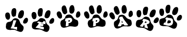The image shows a series of animal paw prints arranged horizontally. Within each paw print, there's a letter; together they spell Leppard