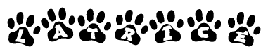 The image shows a row of animal paw prints, each containing a letter. The letters spell out the word Latrice within the paw prints.