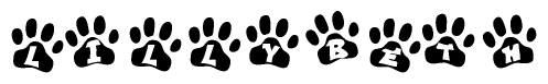 The image shows a row of animal paw prints, each containing a letter. The letters spell out the word Lillybeth within the paw prints.