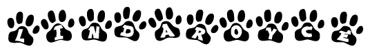 The image shows a series of animal paw prints arranged in a horizontal line. Each paw print contains a letter, and together they spell out the word Lindaroyce.