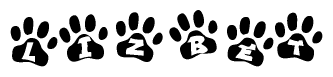 The image shows a series of animal paw prints arranged in a horizontal line. Each paw print contains a letter, and together they spell out the word Lizbet.