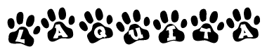 The image shows a series of animal paw prints arranged in a horizontal line. Each paw print contains a letter, and together they spell out the word Laquita.