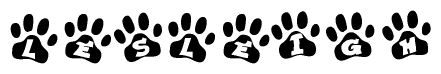 The image shows a series of animal paw prints arranged in a horizontal line. Each paw print contains a letter, and together they spell out the word Lesleigh.