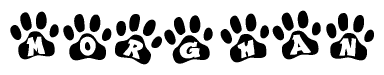 The image shows a row of animal paw prints, each containing a letter. The letters spell out the word Morghan within the paw prints.