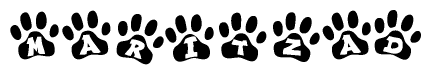 The image shows a series of animal paw prints arranged in a horizontal line. Each paw print contains a letter, and together they spell out the word Maritzad.