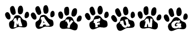 The image shows a series of animal paw prints arranged in a horizontal line. Each paw print contains a letter, and together they spell out the word Mayfung.