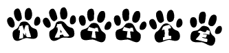 The image shows a row of animal paw prints, each containing a letter. The letters spell out the word Mattie within the paw prints.