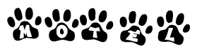 The image shows a series of animal paw prints arranged in a horizontal line. Each paw print contains a letter, and together they spell out the word Motel.