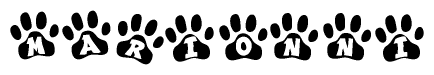 The image shows a row of animal paw prints, each containing a letter. The letters spell out the word Marionni within the paw prints.