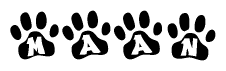 The image shows a series of animal paw prints arranged horizontally. Within each paw print, there's a letter; together they spell Maan