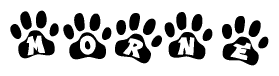 The image shows a series of animal paw prints arranged horizontally. Within each paw print, there's a letter; together they spell Morne