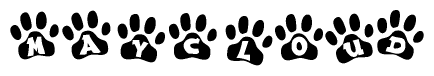 The image shows a series of animal paw prints arranged horizontally. Within each paw print, there's a letter; together they spell Maycloud