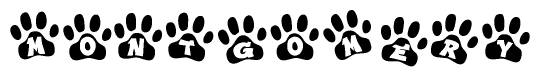 The image shows a row of animal paw prints, each containing a letter. The letters spell out the word Montgomery within the paw prints.