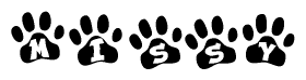 The image shows a series of animal paw prints arranged horizontally. Within each paw print, there's a letter; together they spell Missy