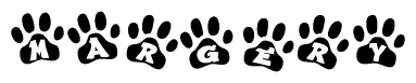 The image shows a series of animal paw prints arranged in a horizontal line. Each paw print contains a letter, and together they spell out the word Margery.
