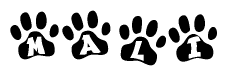 The image shows a row of animal paw prints, each containing a letter. The letters spell out the word Mali within the paw prints.