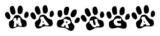 The image shows a row of animal paw prints, each containing a letter. The letters spell out the word Maruca within the paw prints.