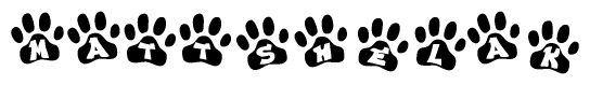 The image shows a series of animal paw prints arranged in a horizontal line. Each paw print contains a letter, and together they spell out the word Mattshelak.