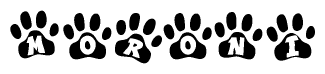 The image shows a series of animal paw prints arranged in a horizontal line. Each paw print contains a letter, and together they spell out the word Moroni.