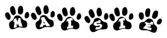 The image shows a series of animal paw prints arranged in a horizontal line. Each paw print contains a letter, and together they spell out the word Maisie.