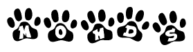 The image shows a series of animal paw prints arranged horizontally. Within each paw print, there's a letter; together they spell Mohds